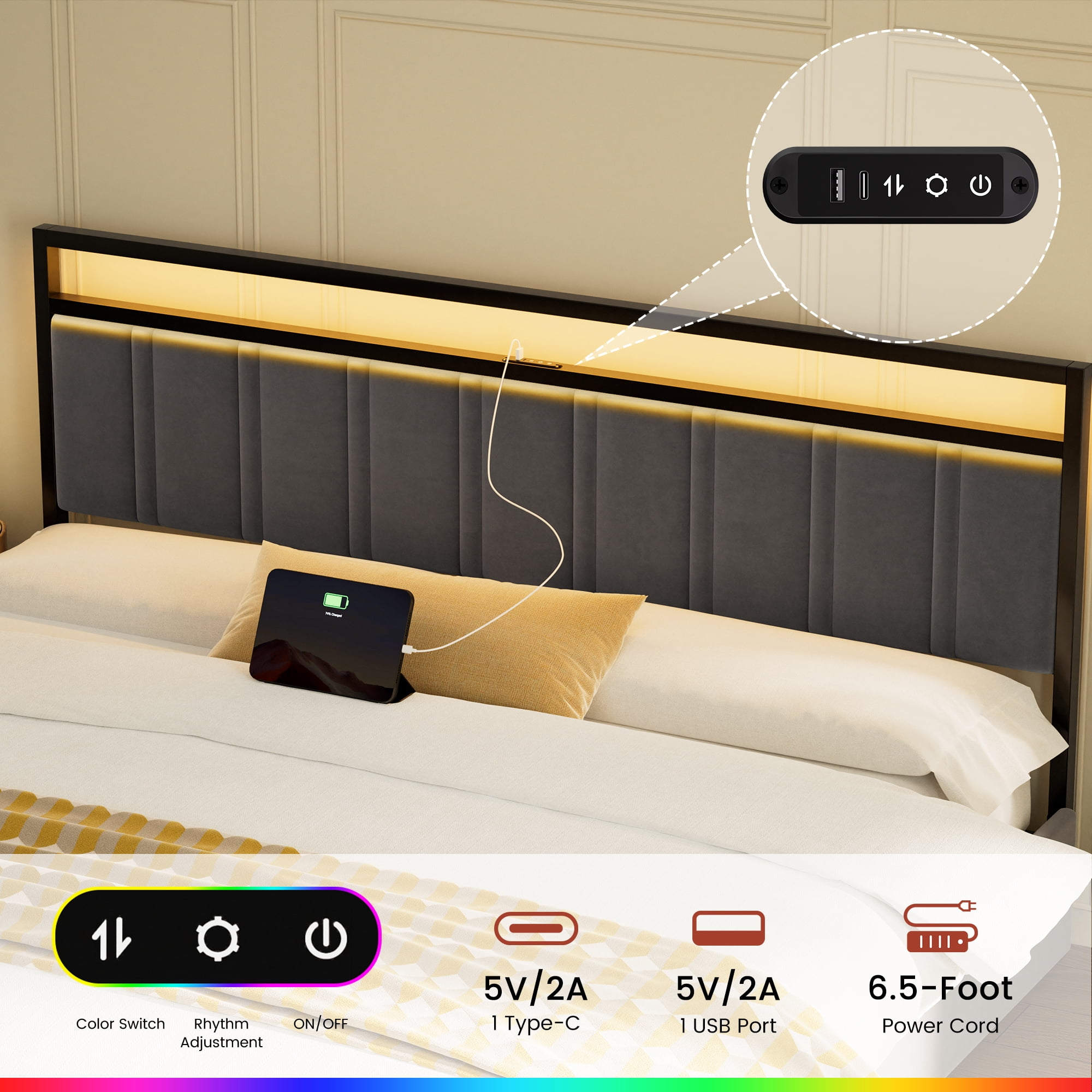 GUNAITO King Bed Frame with Headboard, Platform Bed with 2 Drawers, Velvet Upholstered Bed Frame with LED Lights & Charging station，Dark Grey