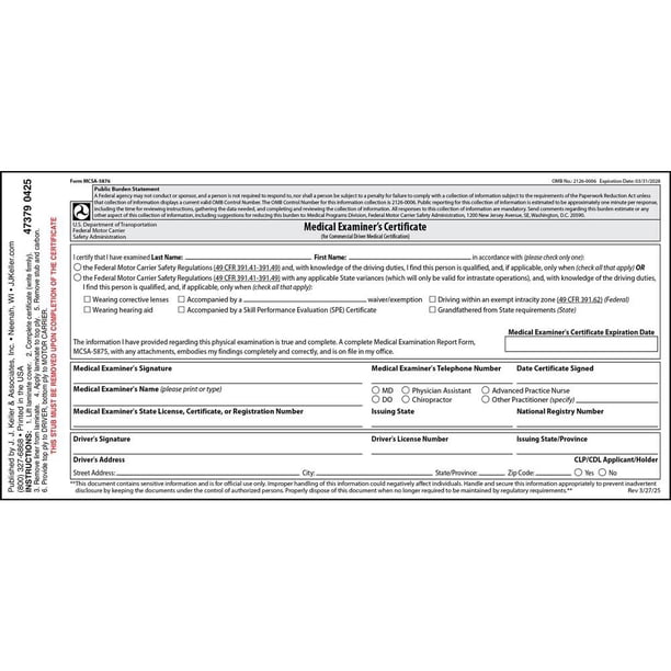 DOT FMCSA Medical Examiner Certificate 5-pk, Laminated, 2-Ply
