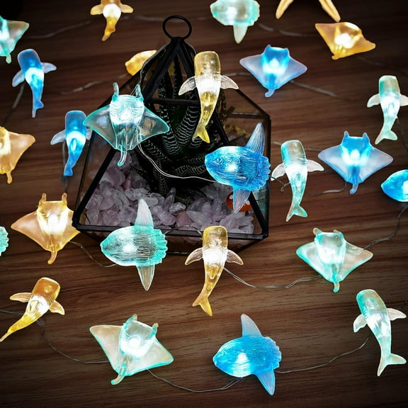 Nautical theme Sea Life Decorative Fairy String Lights, Whale Shark, Sunfish, Manta Ray Cute Novelty Marine Lights 30 LEDs 10 ft USB or Battery Operated for Bedroom Classroom Beach Aquarium Wall Deco