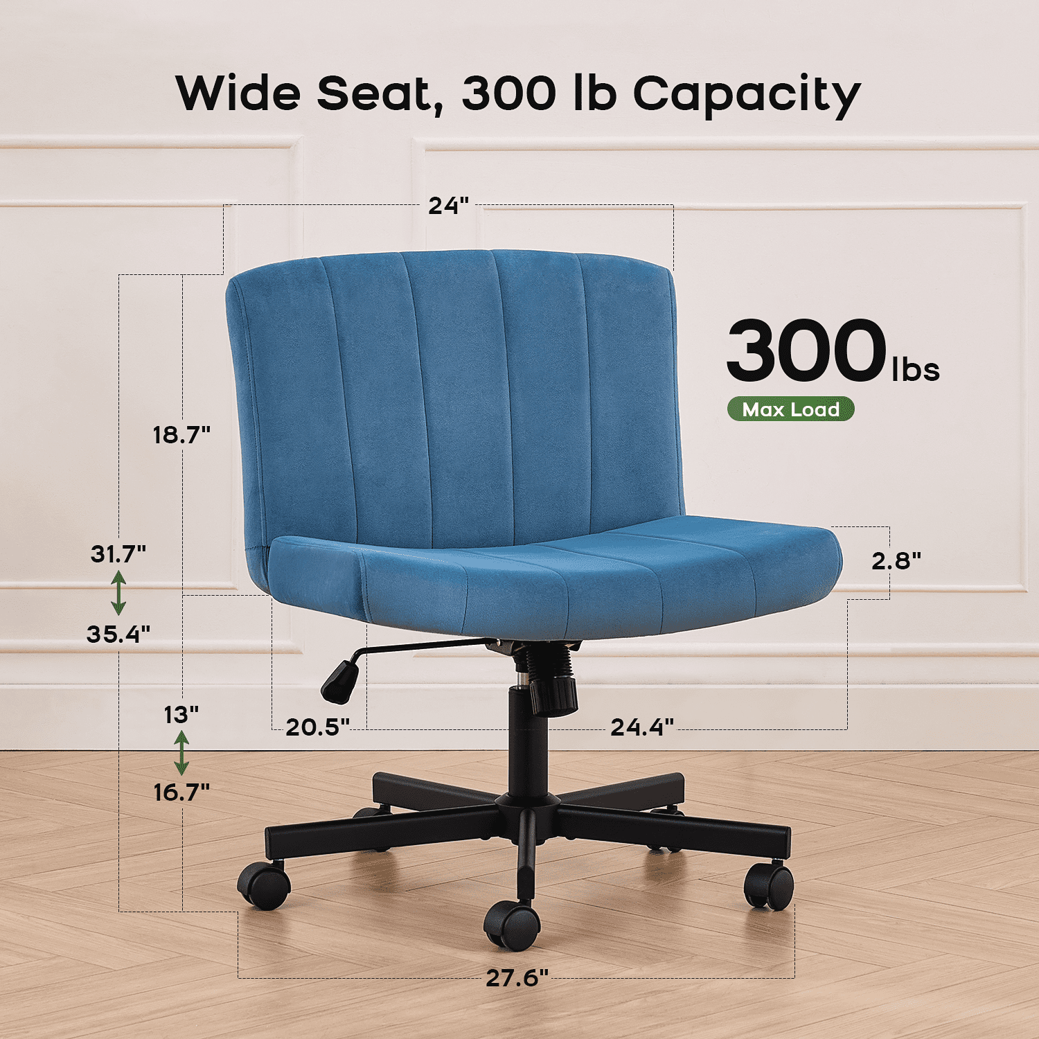 TMV Criss Cross Chair–Armless Office Chair, Fabric Padded Vanity Chair Computer Chair with Wheels, Wide Seat Swivel Desk Chair for Home Office，Navy Blue