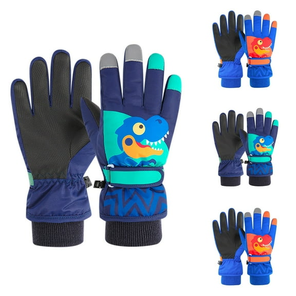Kilaqueen Kids Windproof Snow Gloves Sports Waterproof Insulated Snowboard Gloves Cold Weather Winter Gloves Cute Dinosaur Graphic Outdoor