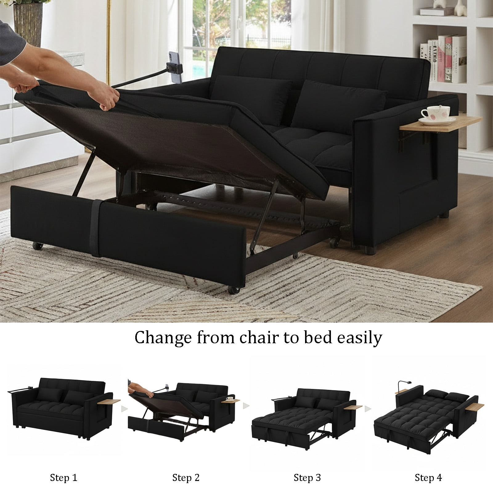 Pull Out Sofa Bed,Full-Size Sleeper Sofa,Velvet Convertible Loveseat Counch with Side Strong Pocket,Multi-Function 2-Seater Sofa Bed with Wheels for Living Room Apartment Guest Room,Black