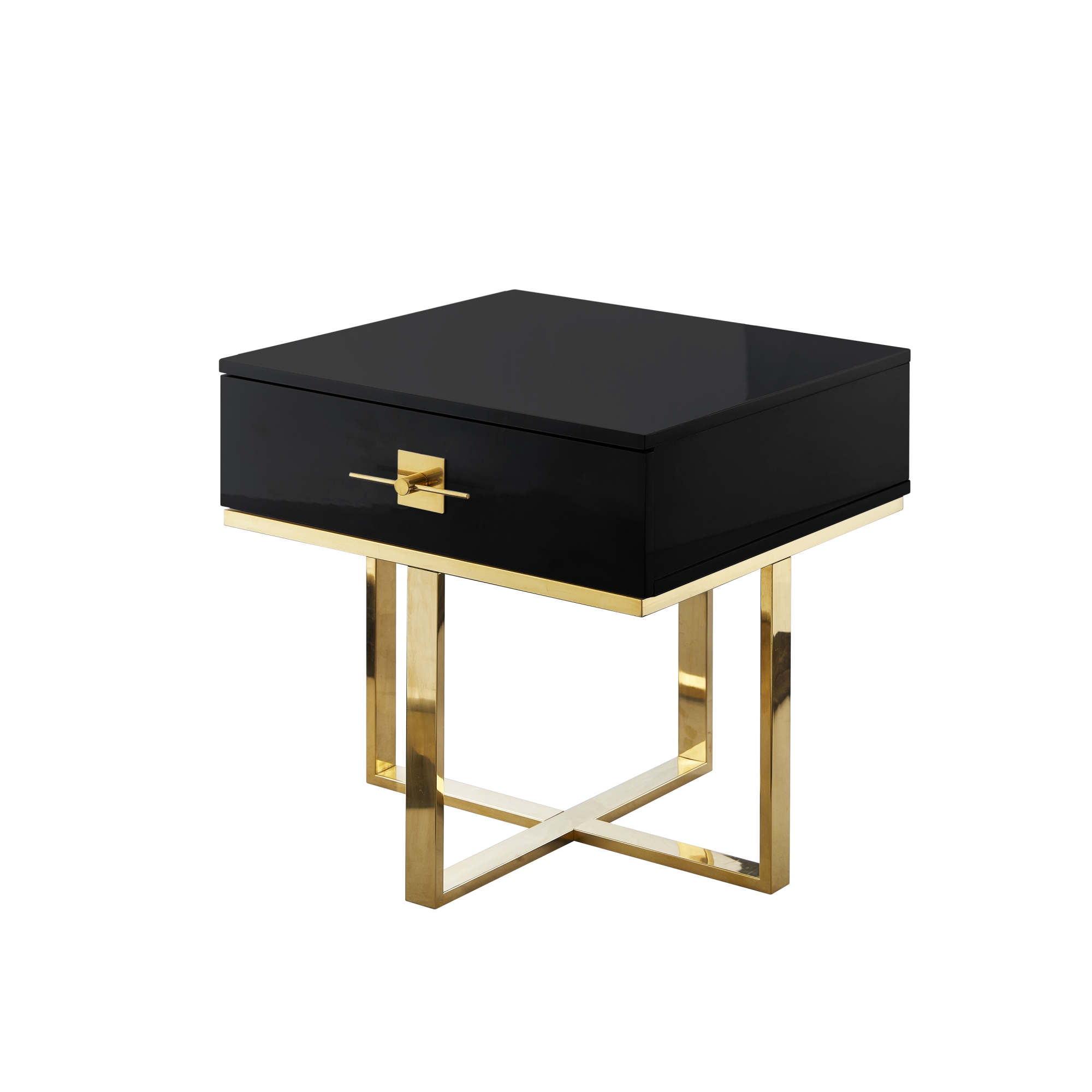 Hilo Black Gold Side Table - 1 Drawer, Hight Gloss Lacquer Finish, Polished Stainless Steel Base