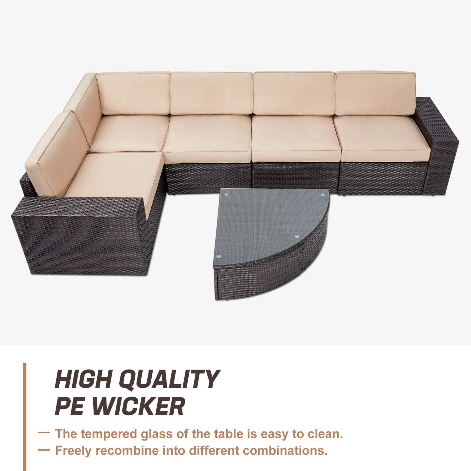 SUNCROWN 6-Piece Outdoor Furniture Patio Sectional Set All-Weather Wicker Conversation Sofa, Light Brown