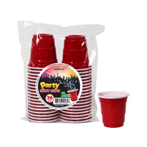 Whisc 2 oz Disposable Red Shot Glasses, 36 pack Plastic Shot Cups for Jello Shots, Parties & Events