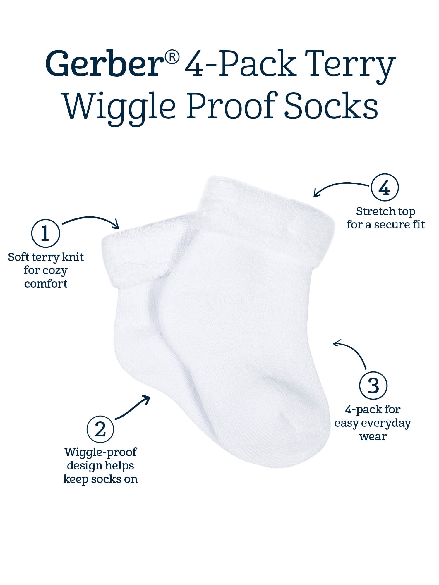 Gerber Baby Neutral White Terry Bootie Wiggle Proof Socks, 4-Pack, Sizes Newborn - 0/6 Months