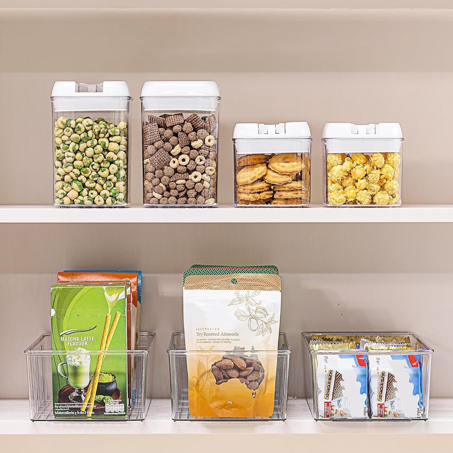 Sindcom 6 Pack Food Storage Organizer Bins, Clear Plastic Bins for Pantry, Kitchen, Fridge, Cabinet Organization and Storage, 4 Compartment Holder Packets, Snacks, Pouches, Spice Packets