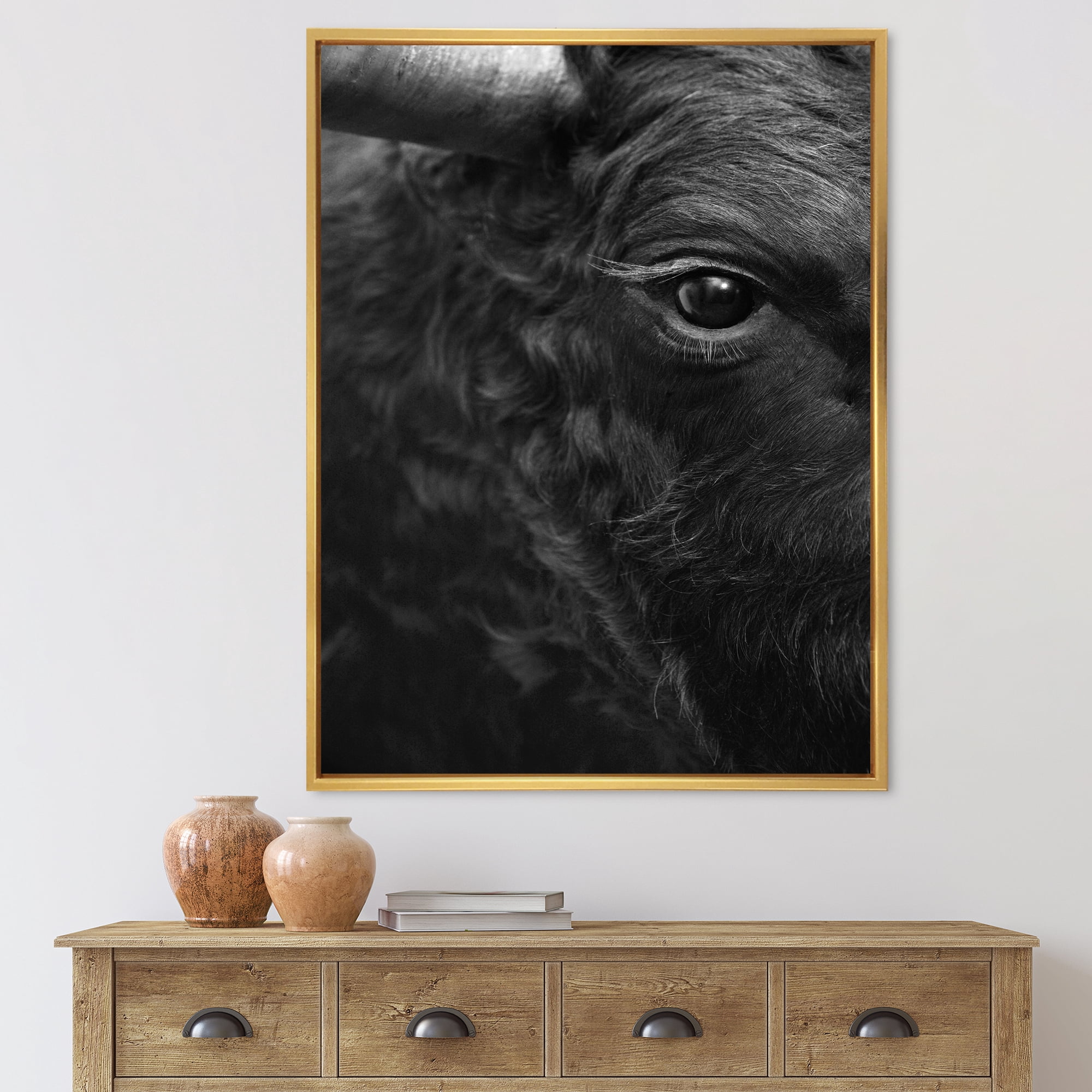 Designart 'Close Up Of Eye Of A Bull' Farmhouse Framed Canvas Wall Art Print