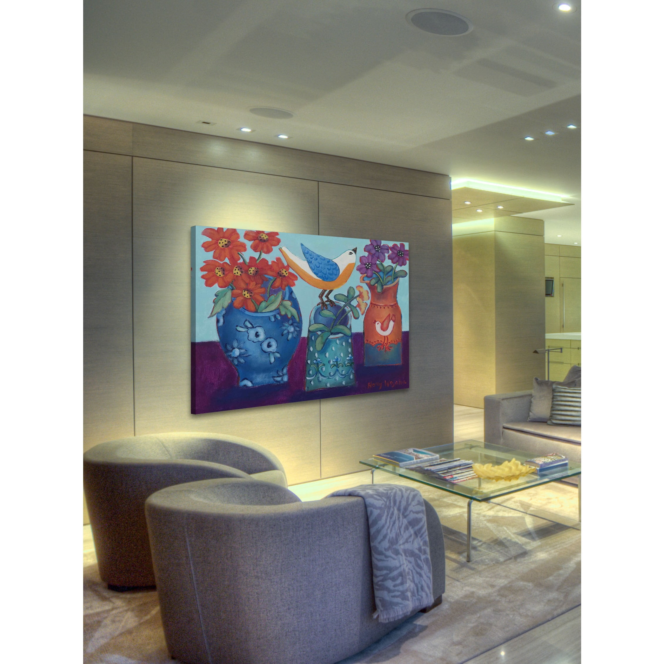 Marmont Hill "Blue and Orange Vases with Chirp" Painting Print on Canvas
