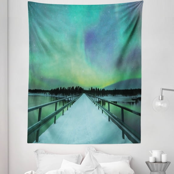 Lime Green Tapestry, Long Mystic Sky over Bridge in Snowy Arctic Frozen River Image, Fabric Wall Hanging Decor for Bedroom Living Room Dorm, 5 Sizes, Lime Green Petrol Blue, by Ambesonne