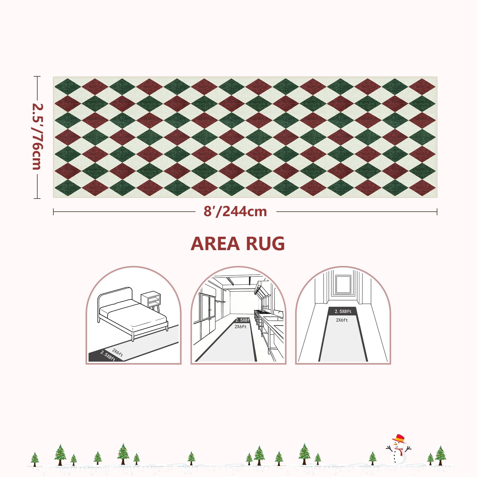 RUG ROBOT 2'6''x8' Christmas Runner Rugs for Hallway, Washable Non-Slip Checkered Kitchen Runner Rug, Farmhouse Xmas Holiday Rug for Entryway, Bedroom, Laundry Indoor Christmas Decor