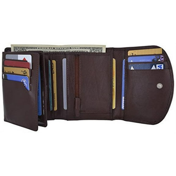 Women's Genuine Leather Compact Double ID Windows Credit Card Holder Wallet With Zippered Pocket by Moga (Brown)