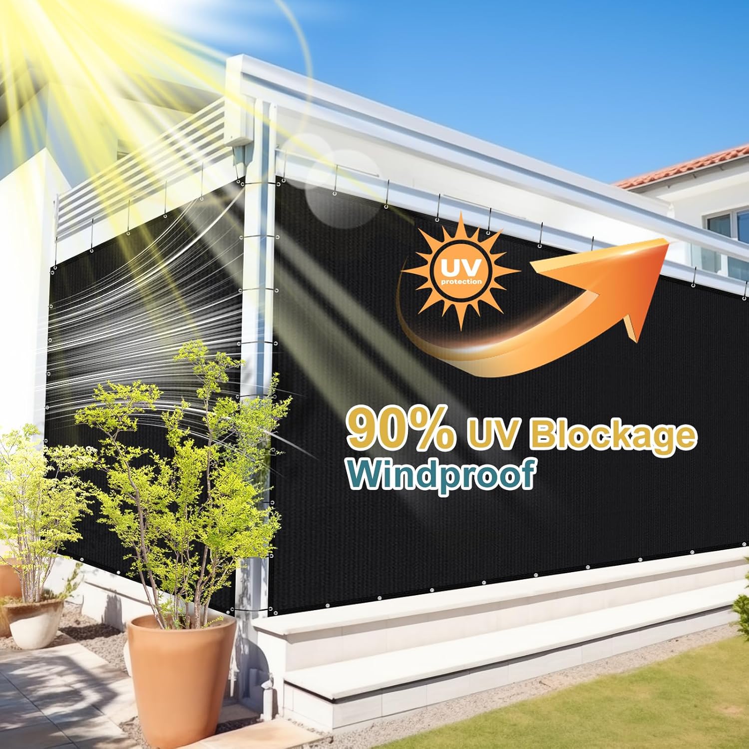 NAWAY 8'X8' 200GSM HDPE Mesh Sun Shade Canopy with Grommets,90% UV Protection Outdoor Screen,Black
