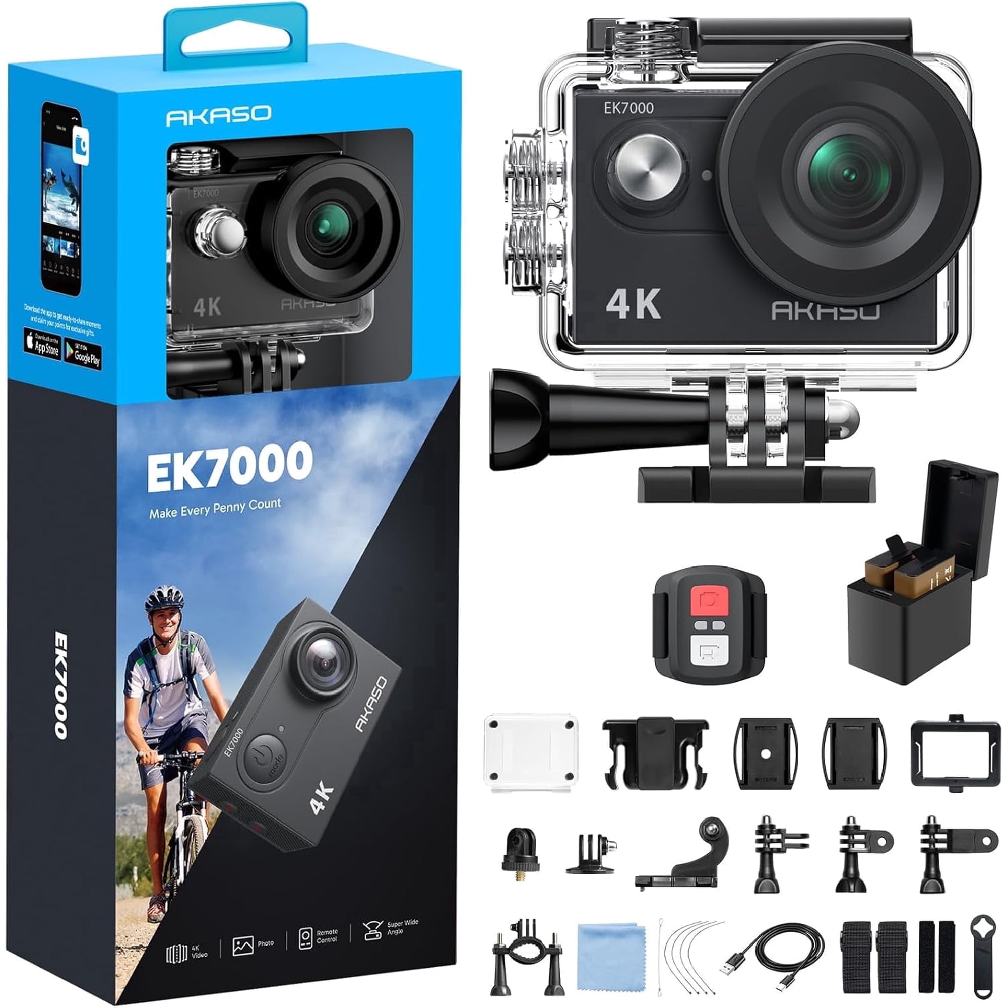 AKASO EK7000 Action Camera 4K 30FPS Waterproof Camera Underwater 131FT with EIS Ultra HD WiFi 170° Wide Angle Sports Helmet Bike Video Black