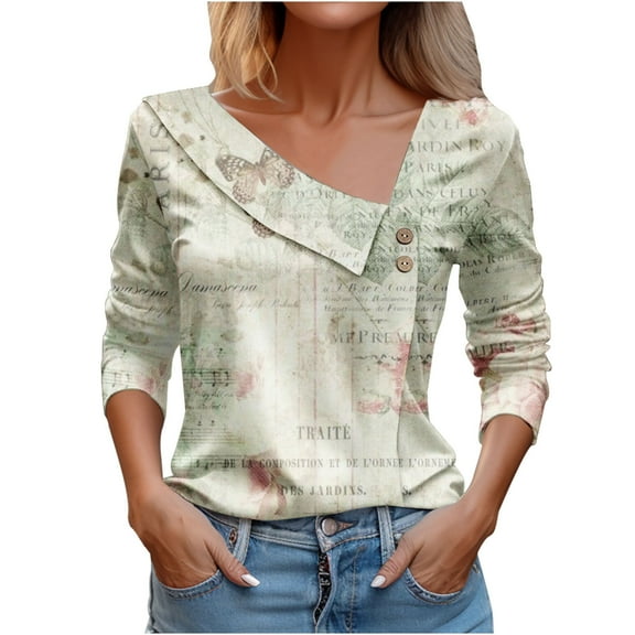 WREESH Womens Fashion Dressy Tops Side Button V-Neck Printed Long Sleeved Shirt T-Shirt Pullover Beige