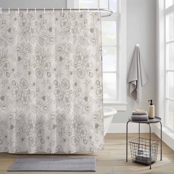 Bathroom Shower Curtain Farm Blossom Flower Leaves Waterproof Shower Curtains with Hooks, Rustic Gray Floral Sketch on Linen Bath Curtains Bathtub Curtain Home Decor 36x72in