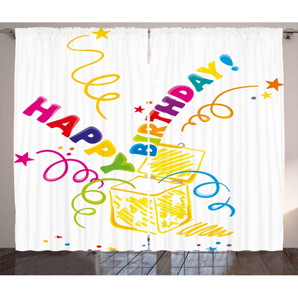Birthday Curtains 2 Panels Set, Surprise in a Box Theme Doodle Style Cheerful Spirals Confetti