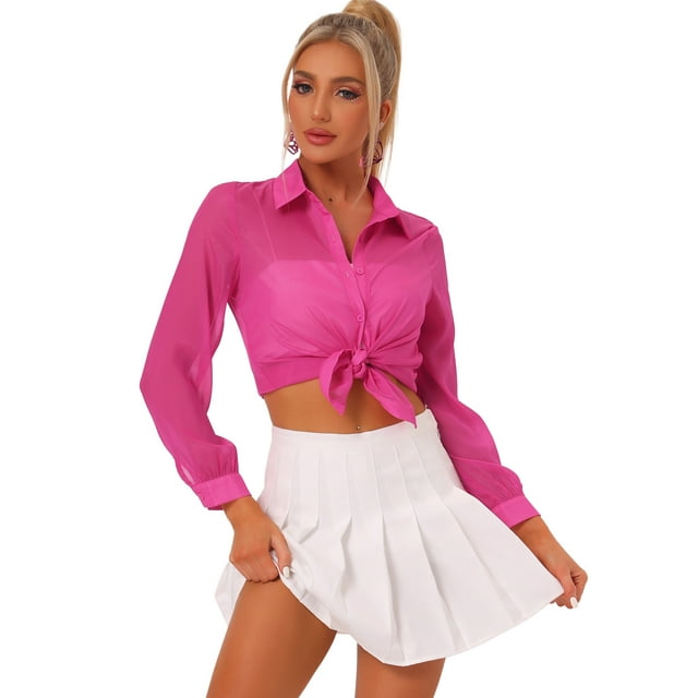 Top transparentes de malla para mujer con cuello en punta y manga larga con botones Rosa Caliente M