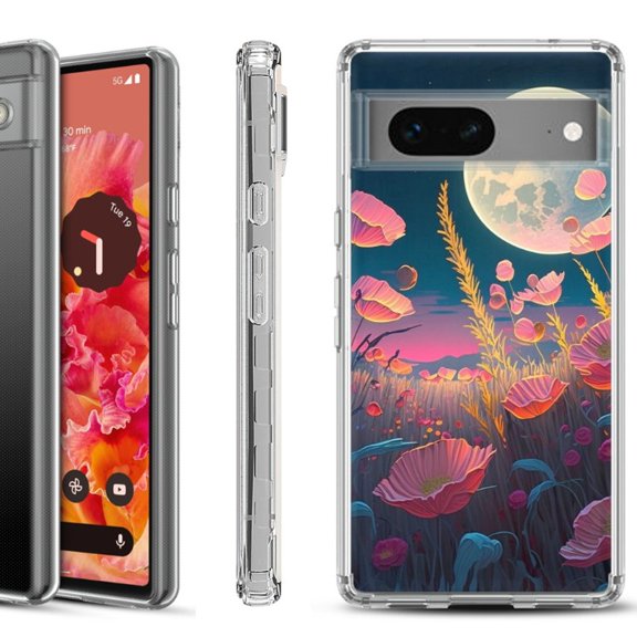 Shockproof Phone Case for Google Pixel 8a 5G, Hybrid Case Cover, by OneToughShield - Moon Poppies
