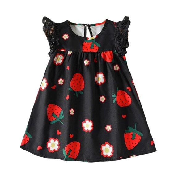 BCSIOAOI Toddler Girls Dress,Lace Ruffle Sleeveless Cute Print Casual Summer Dress Black 12-18m