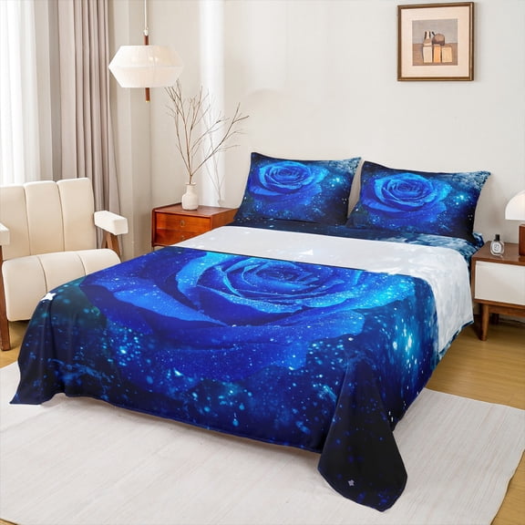 Homewish Chic Glitter Print Twin Sheet Sets,Romantic Blue Rose Twin Fitted Sheet,Valentine'S Day Floral Flat Sheet For Adults,Ultra Soft Home Decor,3pcs