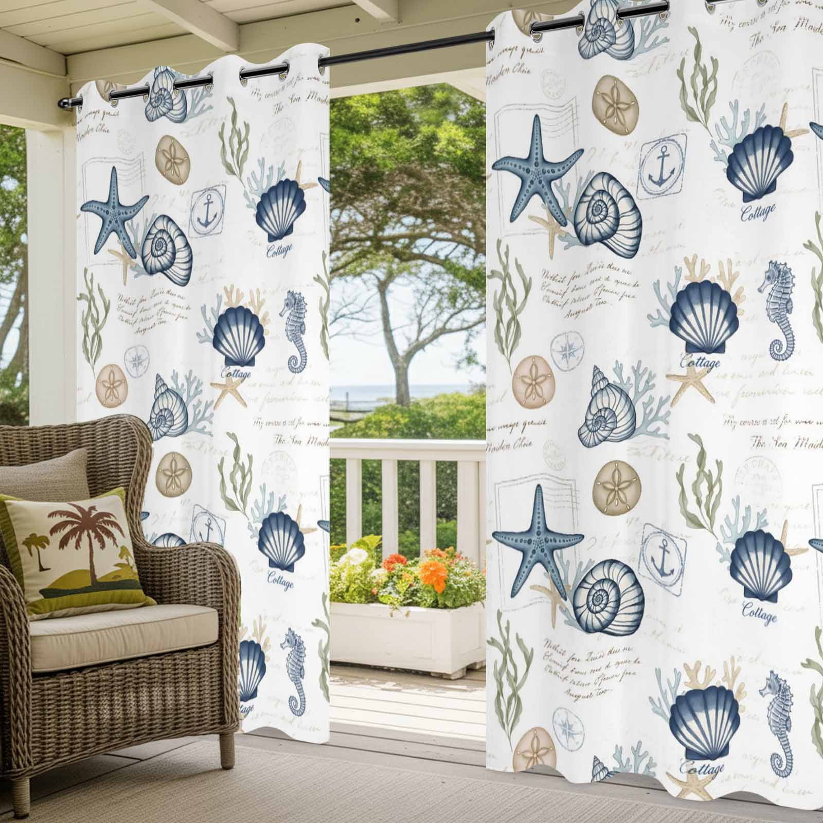 Summer Marine Life Outdoor Curtains for Patio, Ocean Starfish Conch Shell Letter Print Retro Sunshade Privacy Drapes Grommet Waterproof Outside Curtains for Porch/Cabana/Balcony 54"x 108", 1 Panel