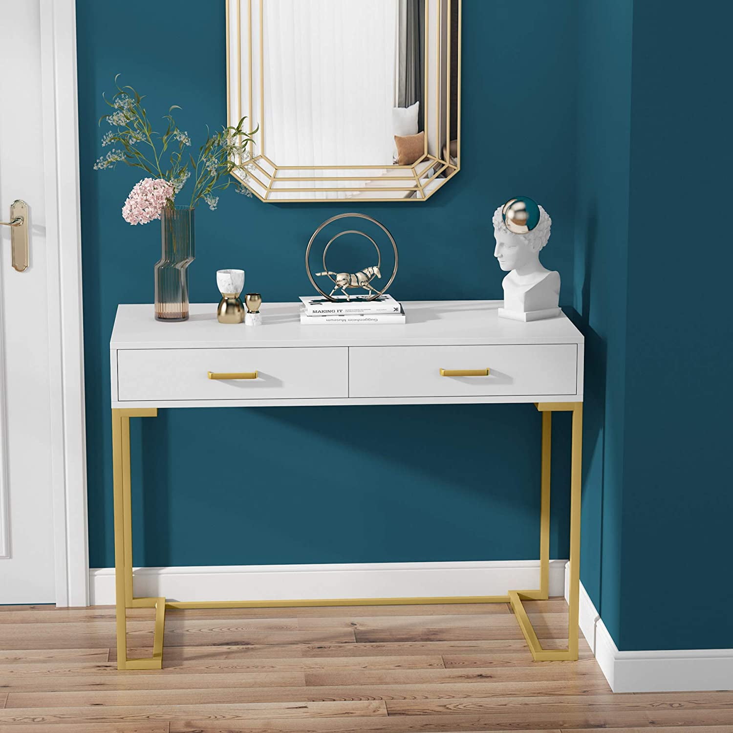 Computer Desk Home Office Desk Writing Desk Workstation with 2 Storage Drawers Simple and Modern Vanity Table Rectangular White/Gold