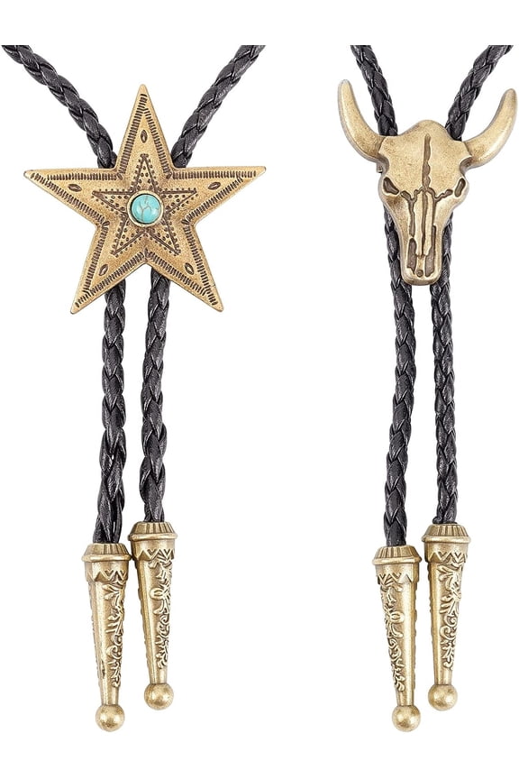 2 Styles Leather Bolo Tie Necktie Horse Cow Skull Texas Ranger Star Chain Turquoise Western Cowboy Rope Cord Pendant Necklace Jewelry Costume Accessories for Men Rodeo