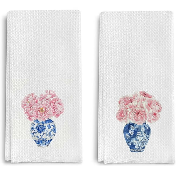 Chinoiserie Blue and White Porcelain Kitchen Towels Set of 2, Chinoiserie Decor Dish Towels for Kitchen, Pink Floral Chinoiserie Decorative Hand Towels for Bathroom Kitchen, 16x24 Inches