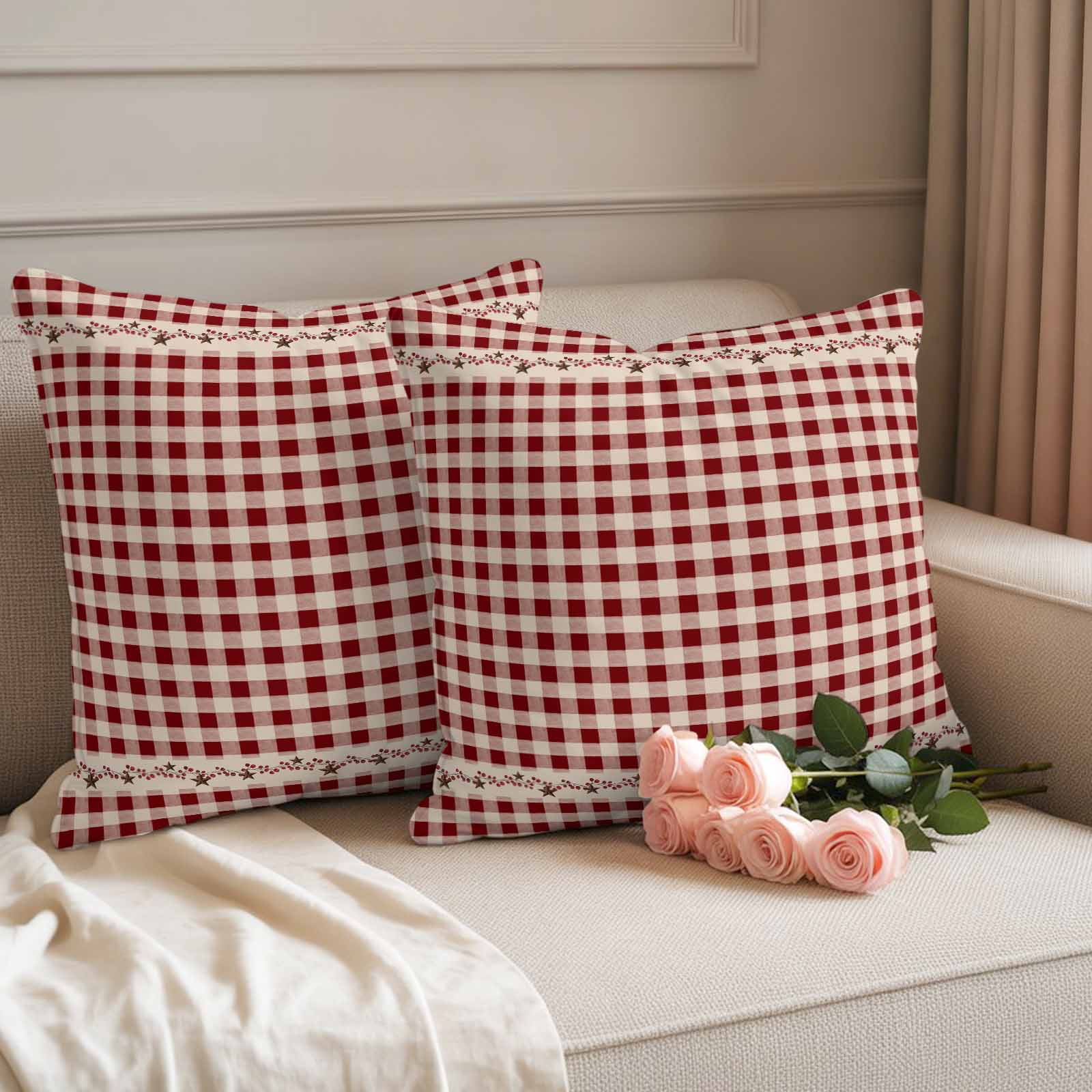 Country Star Plaid Outdoor Waterproof Pillow Covers, Retro Red American Farm Barn Berry Decorative Square Throw Pillowcase Sofa Cushion Sham for Patio/Couch/Chair, 18"x18" 2 Pack
