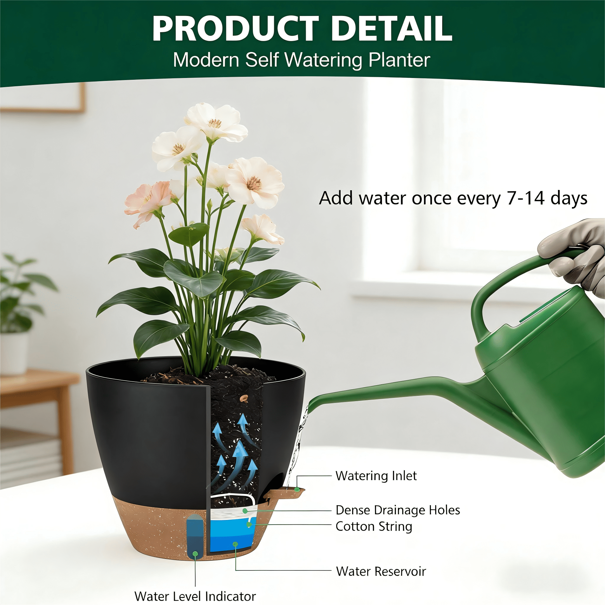 Lopxenu Self-Watering Plant Pots with Water Level Indicator, Set of 4 Flower Planters with Drainage Holes & Saucers, 12/10/9/8 Inch Large Plastic Planter Set for Indoor & Outdoor Plants ( Black)