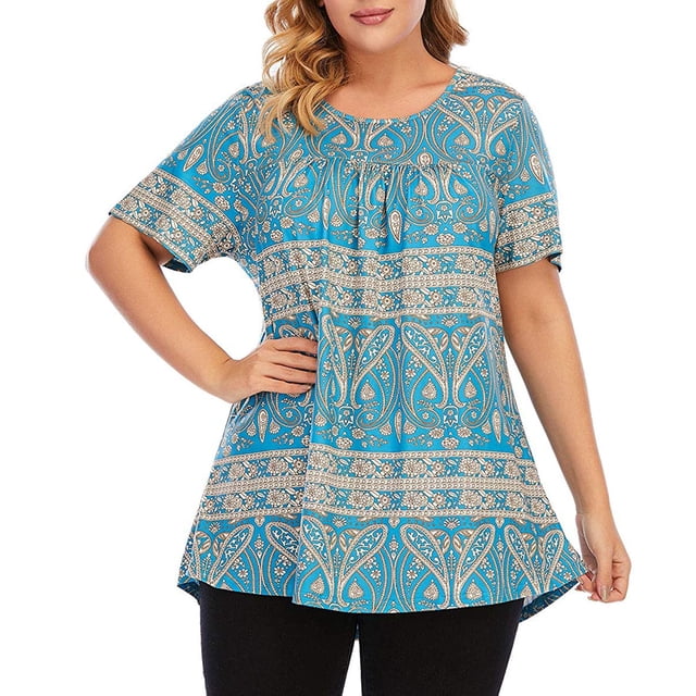 Pompotops T-Shirt Plissé à Manches Courtes Col Rond Grande Taille pour Femmes