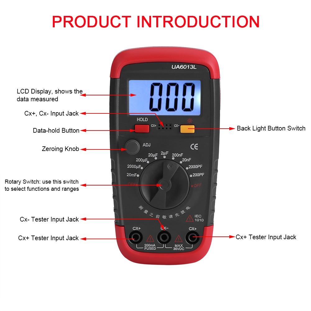Tebru Digital Battery Powered Capacitan Capacitor Meter Tester 6013L