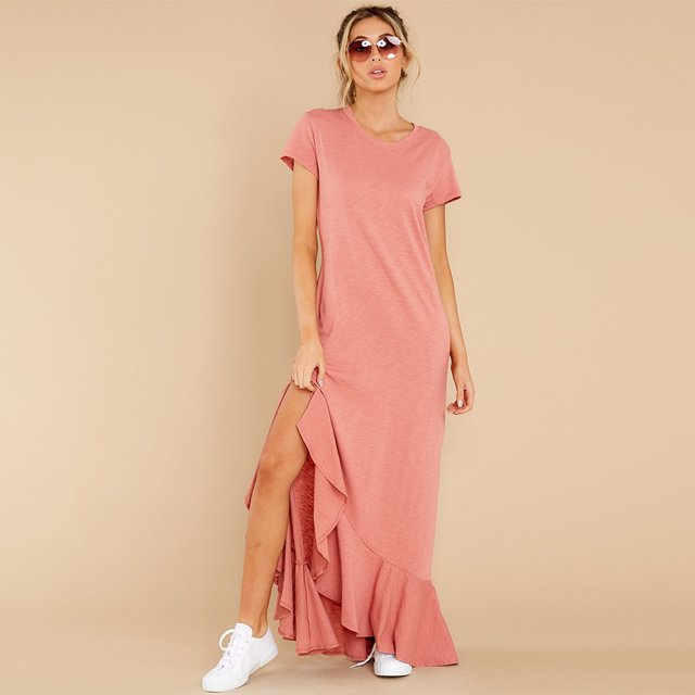 Nouvelle Robe Longue Asymétrique à Manches Courtes à Volants pour Femmes, Robe Décontractée Unie, Maxi Vestidos de Vacances