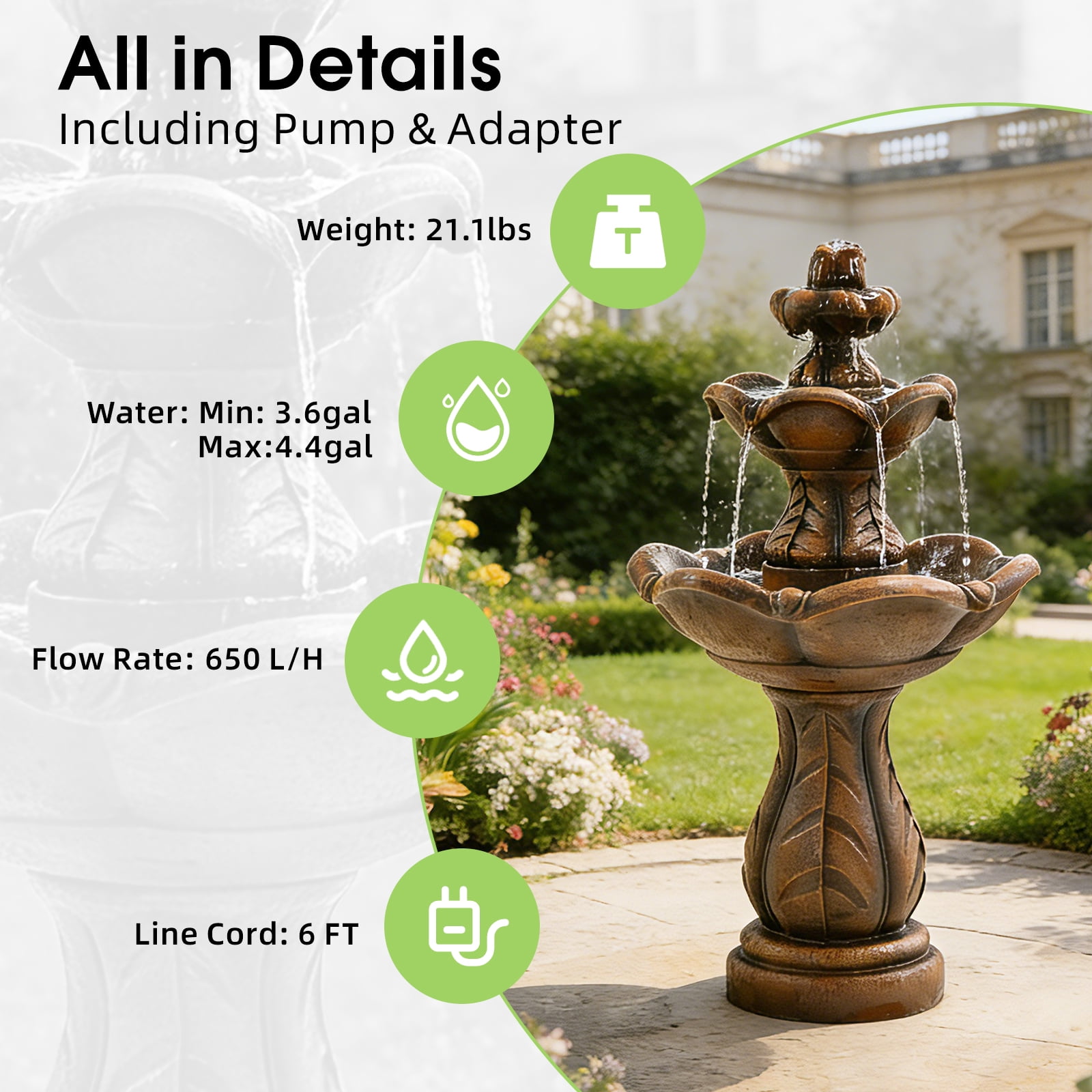 3-Tier Cascading Outdoor Water Fountain, Bird Bath Waterfall Fountain, Freestanding Fountain with Pump for Garden Yard