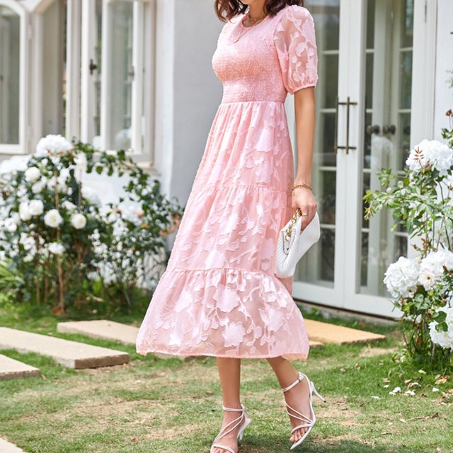 Vestido Plisado De Mujer Vestido plisado para mujer, manga abullonada, vestido de columpio grande, informal para fiesta (rosa M) Cgtredaw Para estrenar