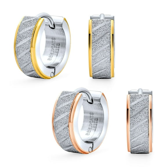 Bling Jewelry Mens Set of 2 Carved Slashes Hoop Huggie Earrings Rose Gold Plated Stainless Steel
