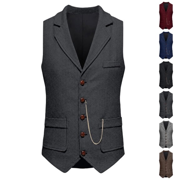 Men's Herringbone tweed Suit Vest, Formal Notched Lapel Waistcoat with Chain, Business Casual Tuxedo Vest Dark Gray M