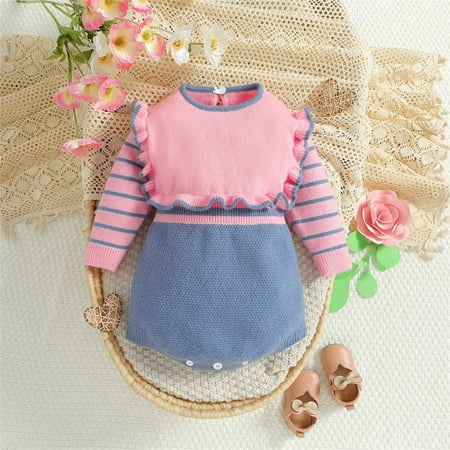 

Ovbmpzd Newborn Baby Bodysuits Girls Blue Striped Ruffled Knitted Sleep N Plays Newborn Sleepers for Boys 9 Months