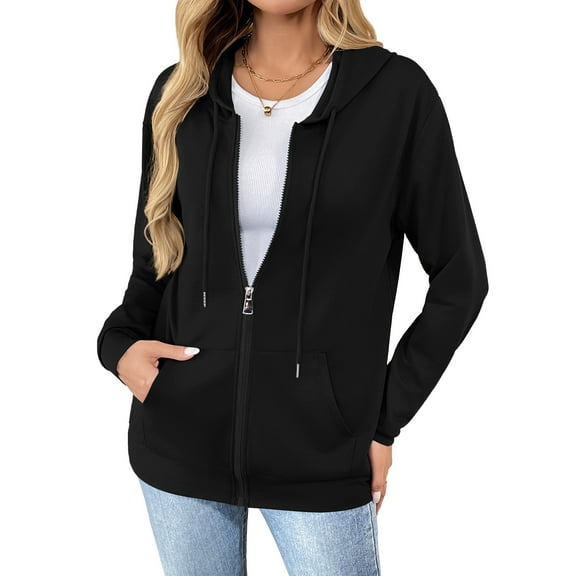 HOWCOME Womens Lightweight Full-Zip Hoodie – Long Sleeve Classic Track Sweatshirt with Pockets, Non-Fleece Fall/Winter Hooded Jacket, Black Large
