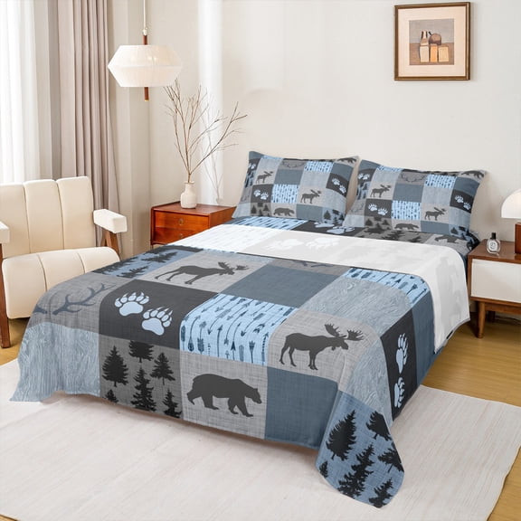 Homewish Woodland Animal Moose Twin Sheet Sets,Country Farmhouse Bear Twin Fitted Sheet,Gray Blue Checkered Flat Sheet For Kids,Breathable Home Decor,3pcs