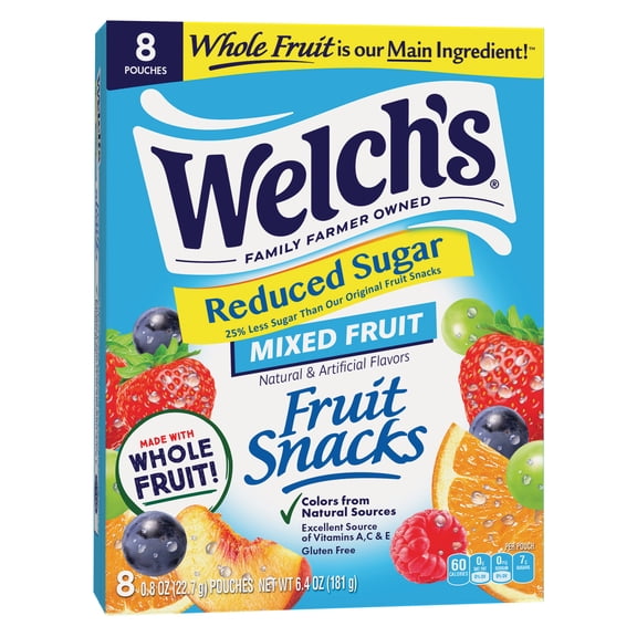 Welch's Fruit Snacks Reduced Sugar Mixed Fruit Soft Fruit Snacks, .8 oz, 8 Count