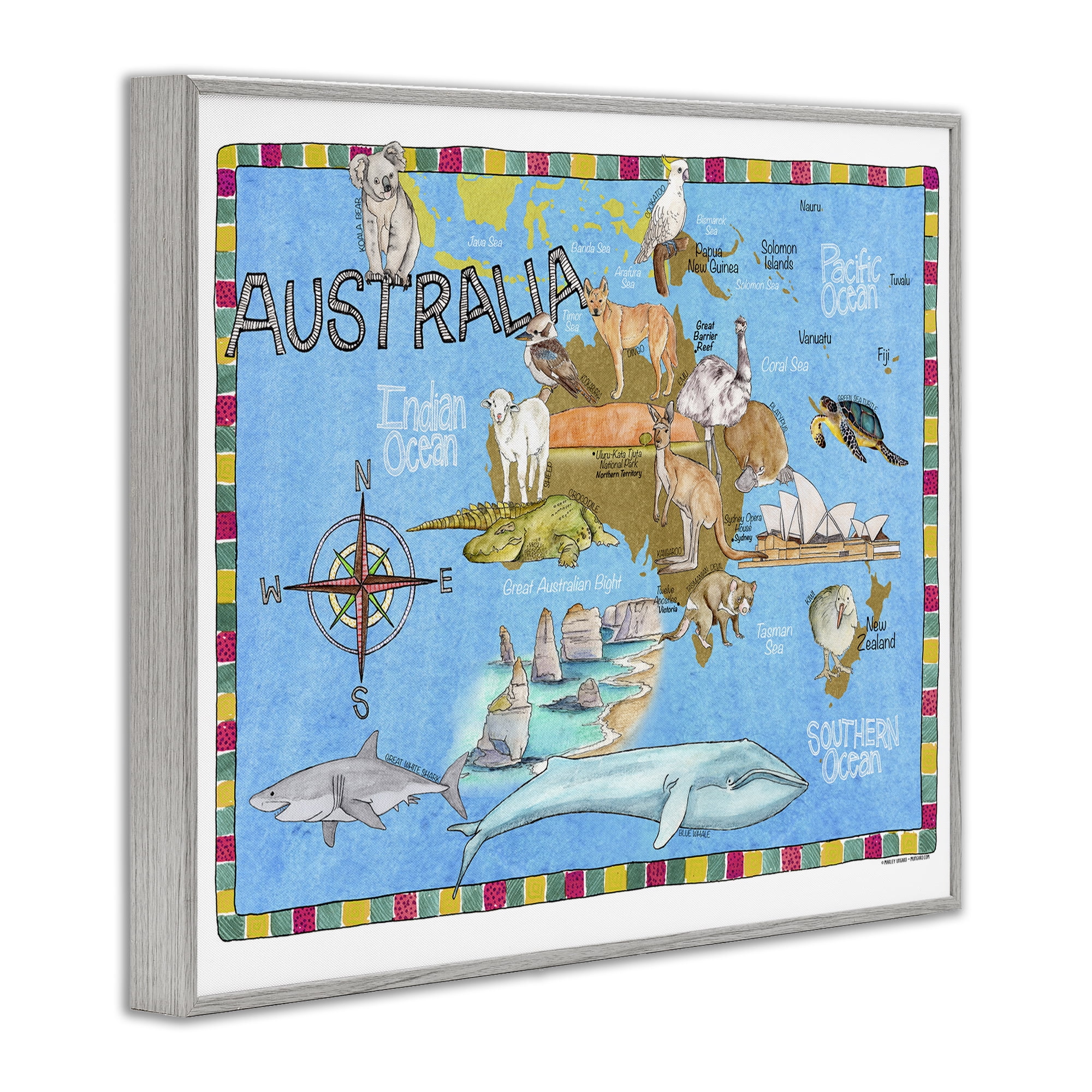 Stupell Industries Australia Animal Map Travel & Places Painting Gray Framed Art Print Wall Art, 20 x 16