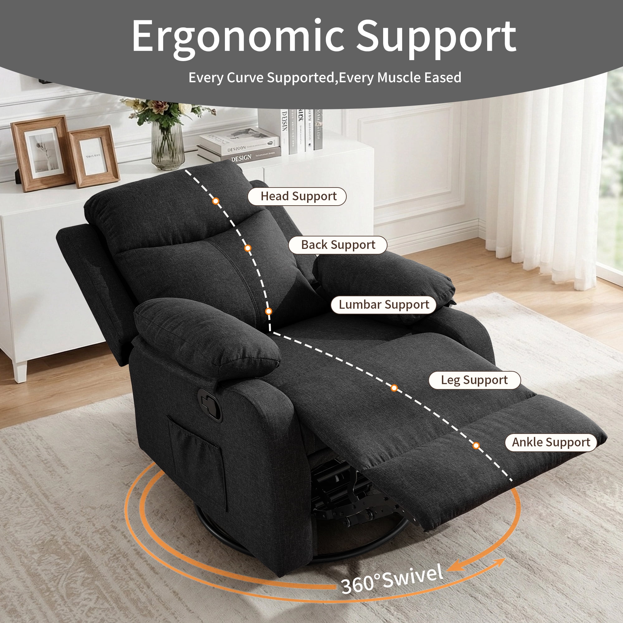 GEEYOO Manual Swivel Rocker Recliner Chair with Side Pockets,Small Recliner Chair for Small Spaces,Upholstered Linen Fabric Glider Nursery Chair for Living Room,Black