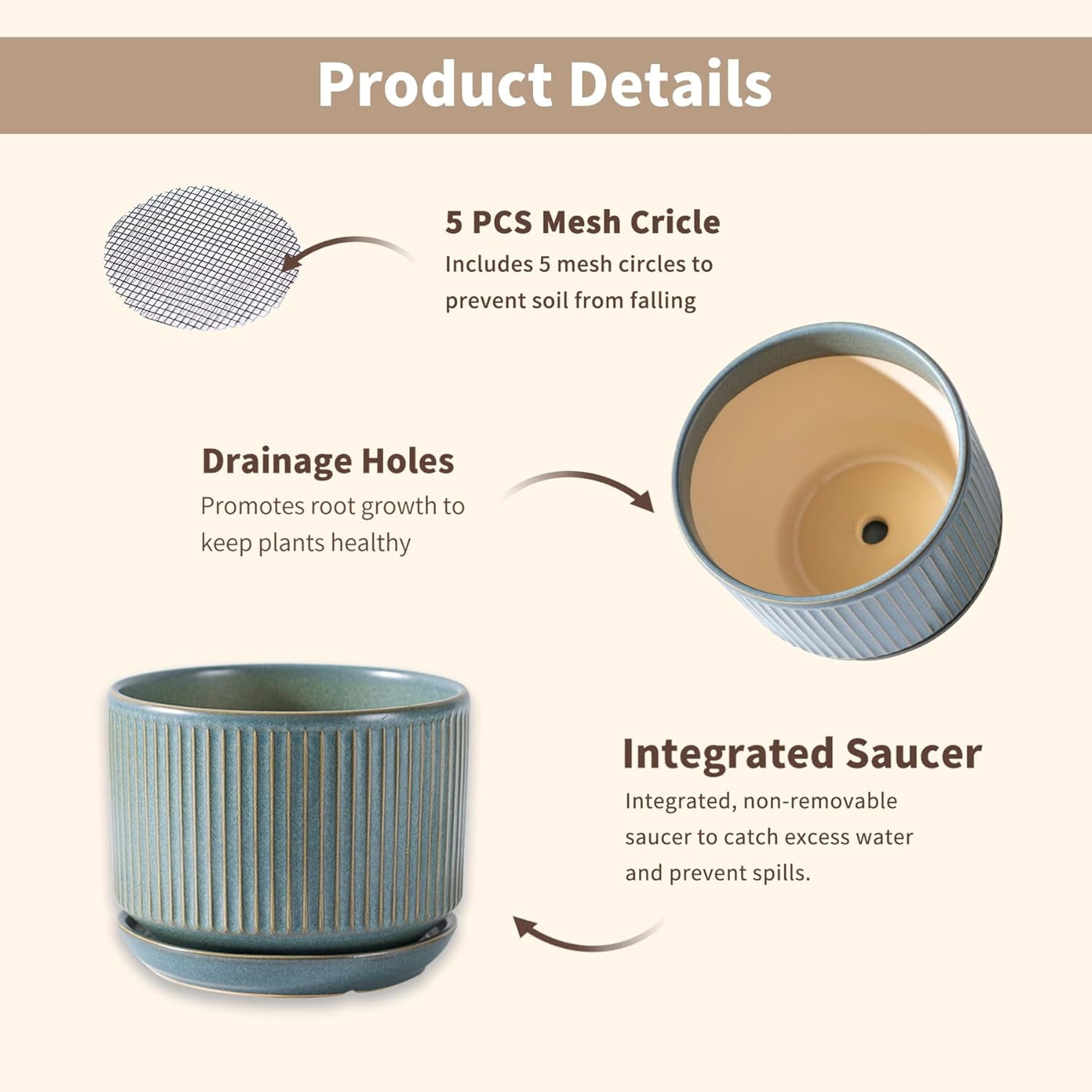 Set of 3 Speckle Gray Ceramic Plant Pots, 4.3+5.5+6.7 Inch with Drainage Hole, Saucer & Hole Pads, Striped Decorative Planter for Indoor Plants and Gardening