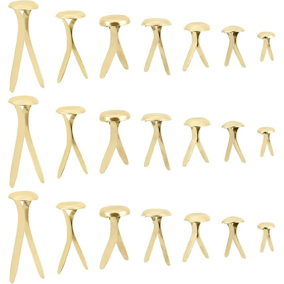 350PCS 7 Sizes Mini Gold Brass Paper Fasteners Metal Brad Fastener Iron Brads Paper Cards DIY Assortment Kit Embellishment with Box Wedding Supplies for Scrapbooking Crafts DIY Projects Gold