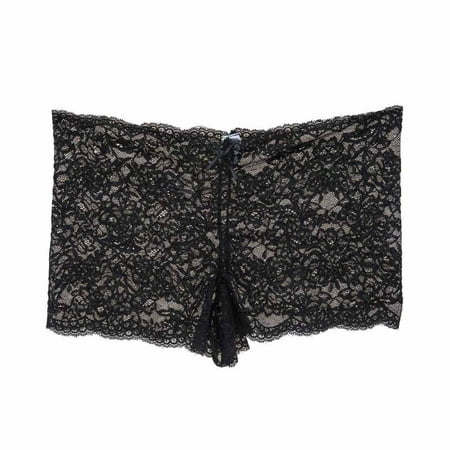 New Sexy Women Underwear Floral Lace Lingerie Plus Size Underwear High Waist Open Crotch Bowknot Boyshort PantiesBlackL