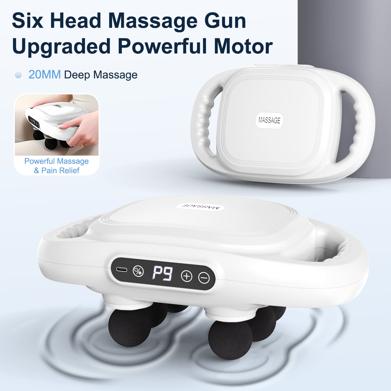 Cshidworld Massage Gun, 6 Heads Deep Tissue Massager, Portable Muscle Massage Gun for Back Neck Muscle Relieve, 9 Levels Speed Modes, Digital Display 6 Massage Heads Link Drive System, White