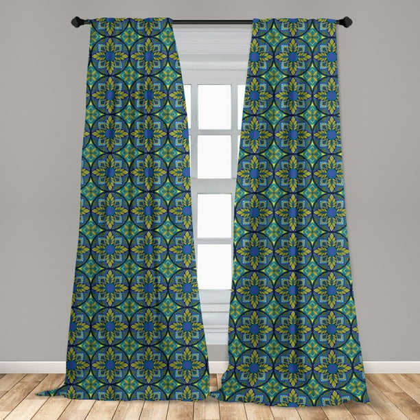 Vintage Curtains 2 Panels Set, Western Culture Inspired Mosaic Floral Tiles Pattern, Window