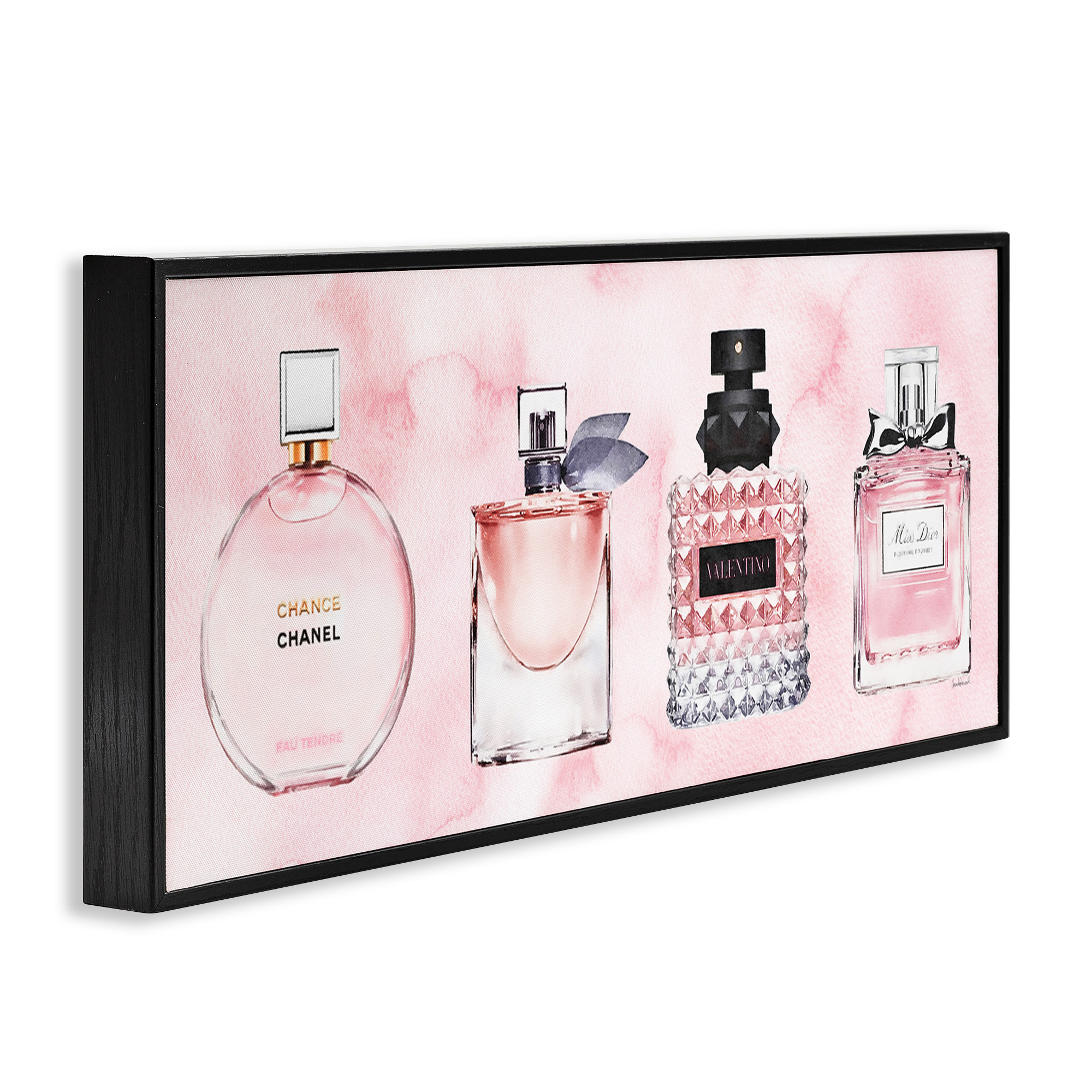 Stupell Industries Pink Fashion Fragrance Bottles Beauty & Fashion Painting Black Framed Art Print Wall Art, 30 x 13
